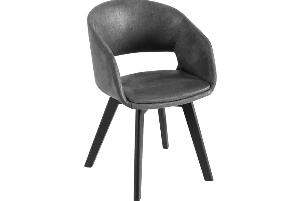 Design Stuhl NORDIC STAR antik grau Microfaser Massivholz schwarz mit Armlehne gepolstert