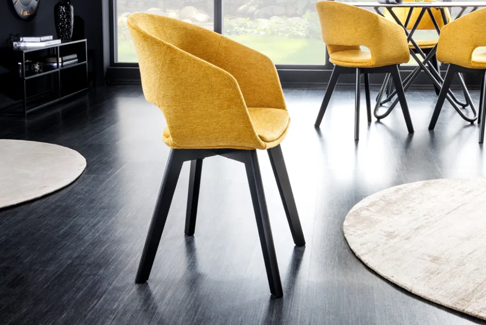 Design Stuhl NORDIC STAR senfgelb Strukturstoff Massivholz schwarz mit Armlehne gepolstert