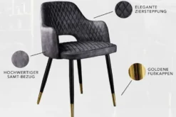 Design Stuhl PARIS grau Samt mit Armlehnen Ziersteppung goldene Fußkappen gepolstert