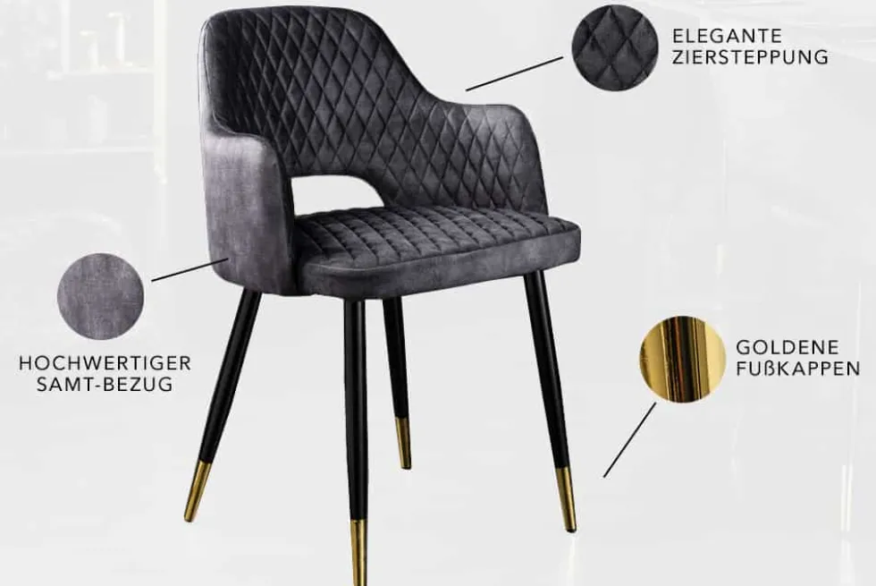 Design Stuhl PARIS grau Samt mit Armlehnen Ziersteppung goldene Fußkappen gepolstert