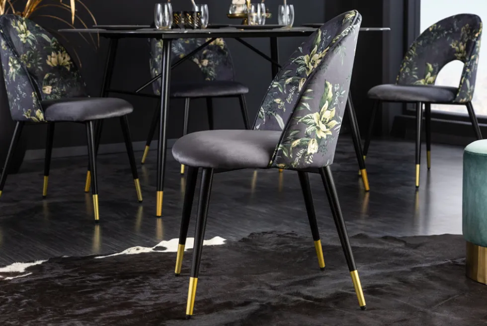Design Stuhl PRÊT-À-PORTER grau Samt florales Muster und goldene Fußkappen