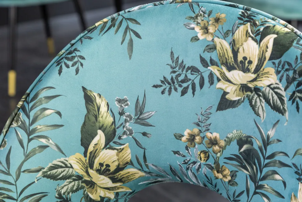 Design Stuhl PRÊT-À-PORTER türkis Samt florales Muster und goldene Fußkappen