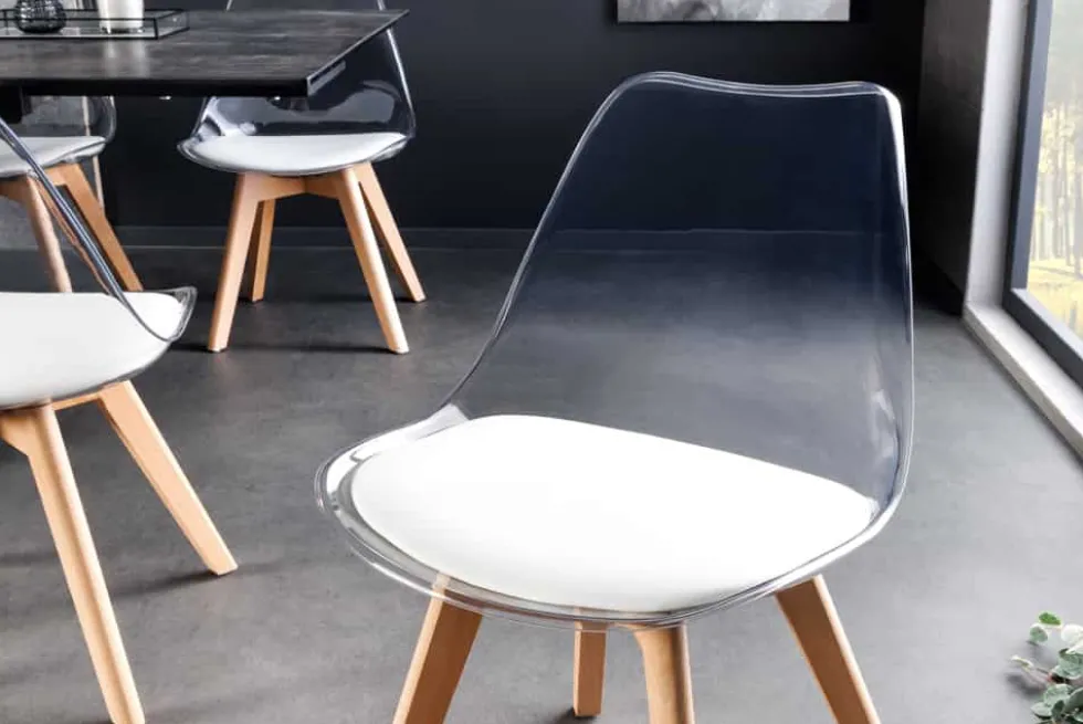 Design Stuhl SCANDINAVIA MEISTERSTÜCK transparent weiß Kunststoff Buchenholz natur