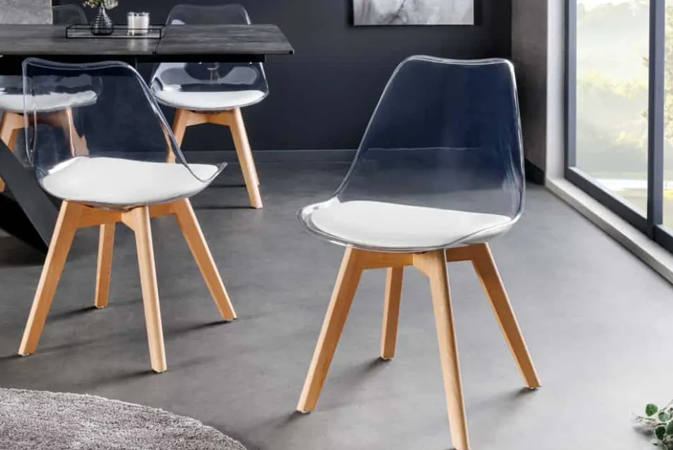 Design Stuhl SCANDINAVIA MEISTERSTÜCK transparent weiß Kunststoff Buchenholz natur
