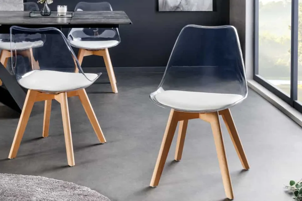 Design Stuhl SCANDINAVIA MEISTERSTÜCK transparent weiß Kunststoff Buchenholz natur