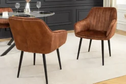 Design Stuhl TURIN rost braun Samt mit Ziersteppung und Armlehne schwarz Metall