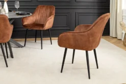 Design Stuhl TURIN rost braun Samt mit Ziersteppung und Armlehne schwarz Metall
