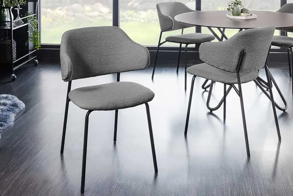 Design Stuhl VOGUE grau Bouclé schwarze Metallbeine