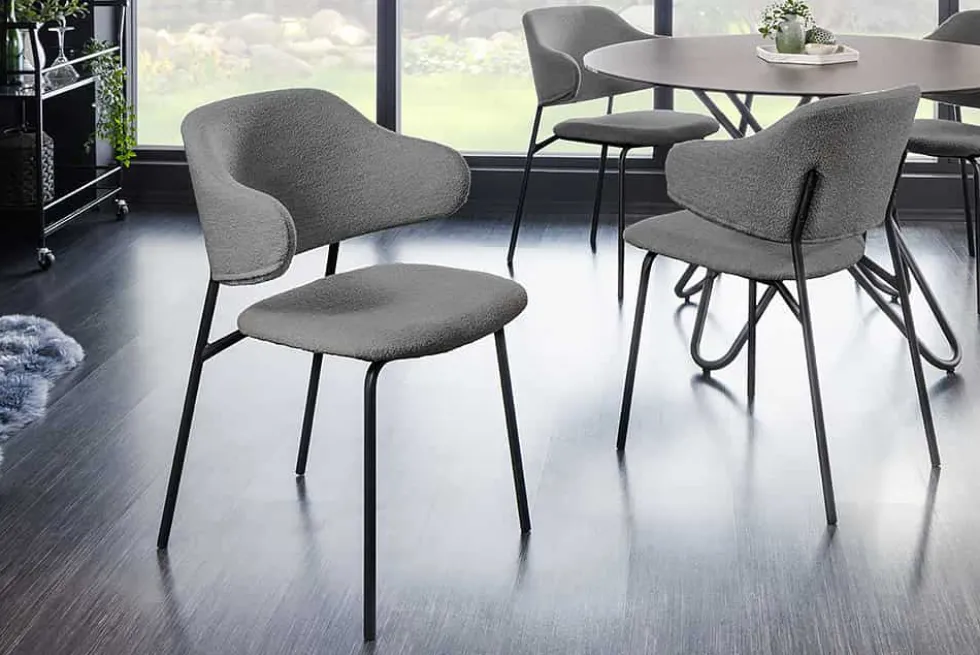 Design Stuhl VOGUE grau Bouclé schwarze Metallbeine