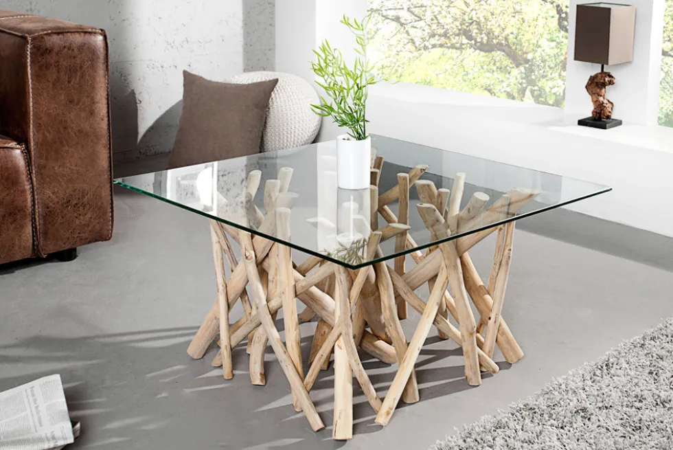 Design Teakholz Couchtisch DRIFTWOOD 80cm mit Glasplatte eckig