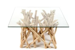 Design Teakholz Couchtisch DRIFTWOOD 80cm mit Glasplatte eckig