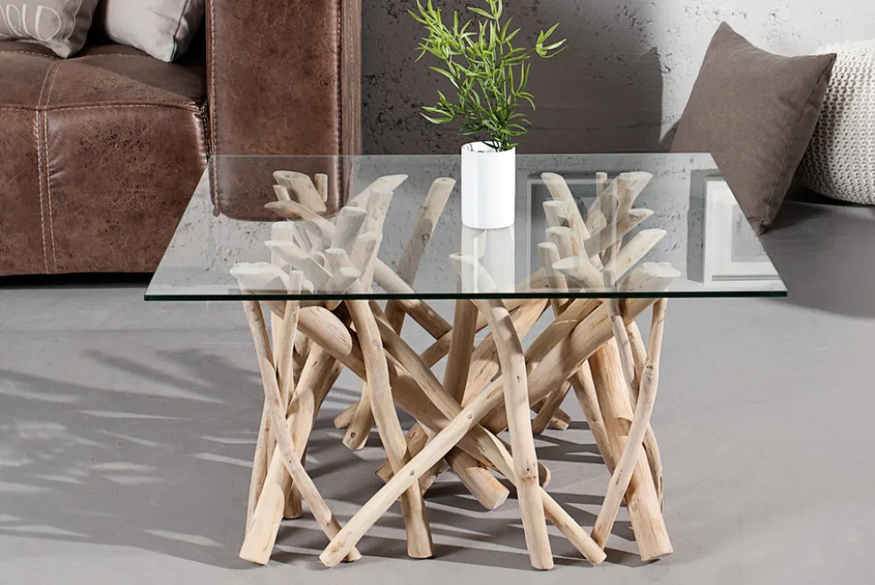 Design Teakholz Couchtisch DRIFTWOOD 80cm mit Glasplatte eckig