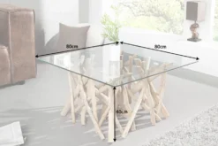 Design Teakholz Couchtisch DRIFTWOOD 80cm mit Glasplatte eckig