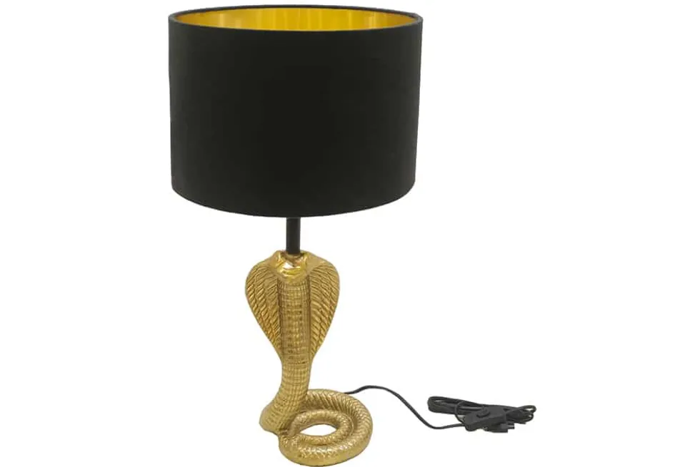 Design Tischlampe COBRA 65cm gold Schlangen Skulptur schwarzer Stoffschirm