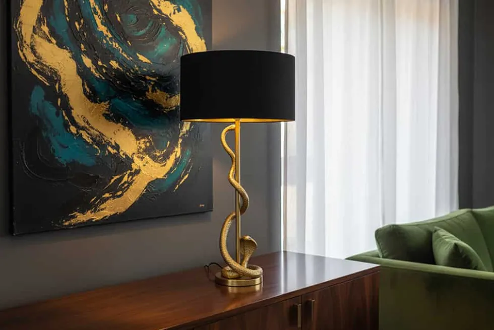 Design Tischlampe COBRA 110cm gold Schlangen Skulptur schwarzer Stoffschirm