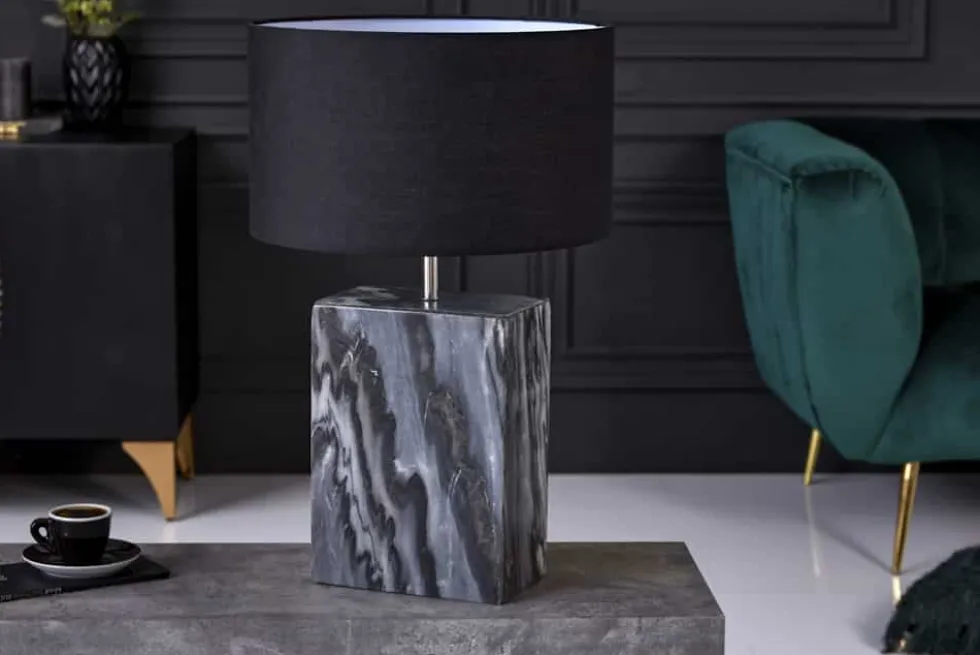 Design Tischlampe NOBLE 55cm schwarz Marmorfuß Stoffschirm