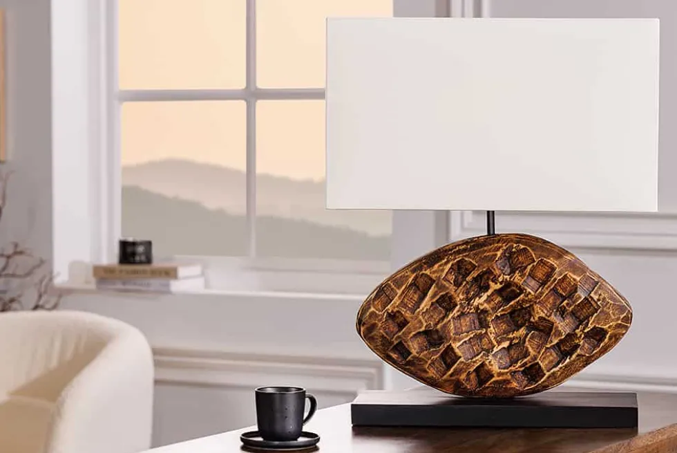 Design Tischlampe REEF 50cm Regenbaum Massivholz handmade Baumwollschirm weiß
