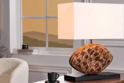 Design Tischlampe REEF 50cm Regenbaum Massivholz handmade Baumwollschirm weiß