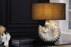 Design Tischlampe SHELL 60cm silber schwarz Metall Stoffschirm maritim