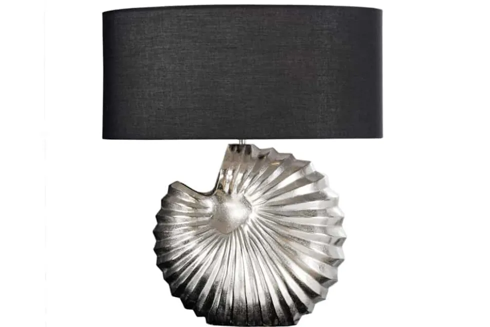 Design Tischlampe SHELL 60cm silber schwarz Metall Stoffschirm maritim