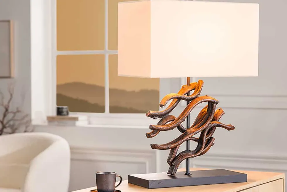 Design Tischlampe WAVE 60cm natur Massivholz handmade beige Baumwollschirm