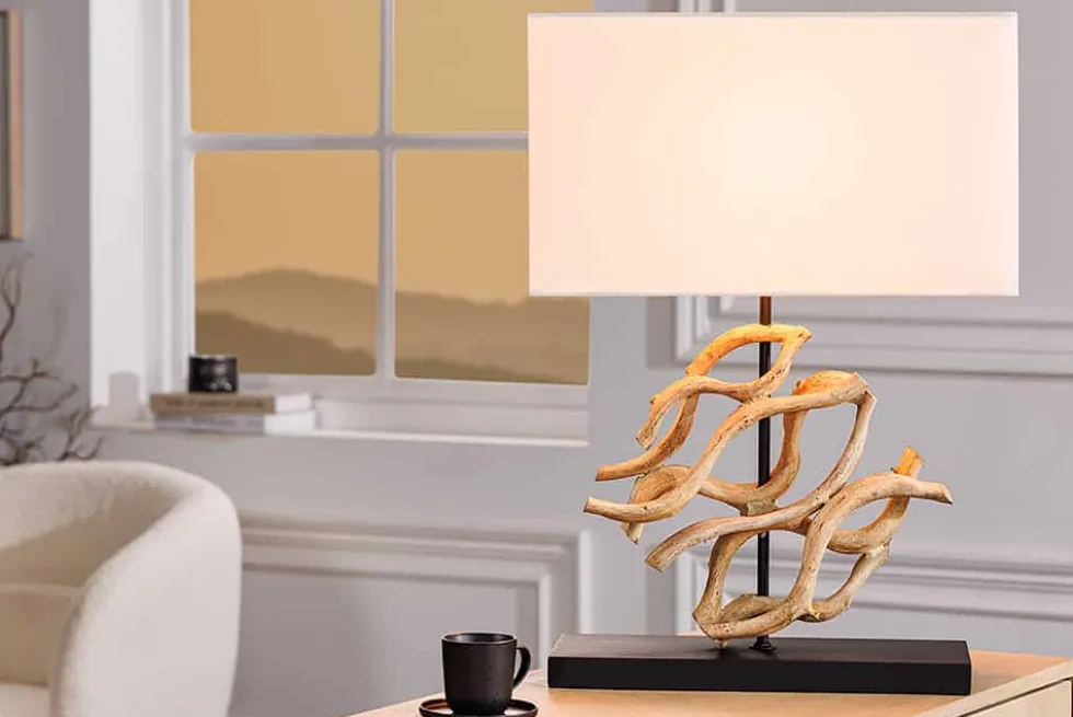 Design Tischlampe WAVE 60cm natur Massivholz handmade weiß Baumwollschirm