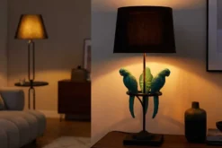 Design Tischlampe WILDLIFE 75cm schwarz türkis rund Papagei Skulpturen mit Marmor-Fuß