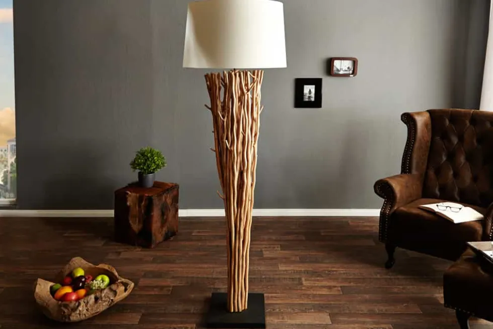 Design Treibholz Stehlampe EUPHORIA 180cm natur mit Leinenschirm
