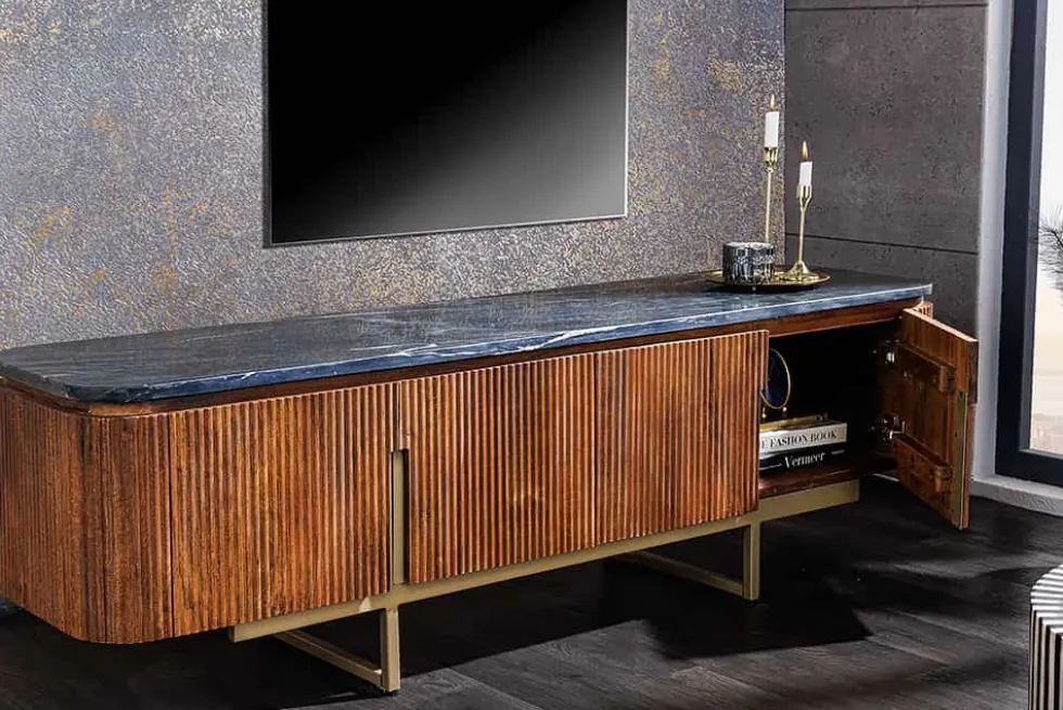Design TV-Board GATSBY 160cm braun gold Mangoholz Marmor Metallgestell