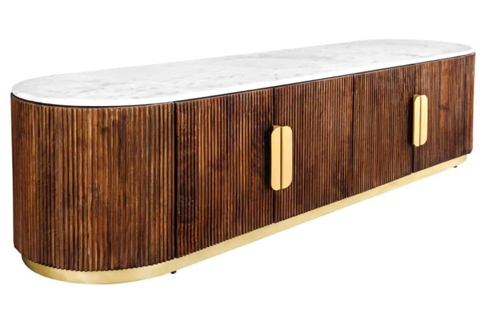 Design TV-Board GATSBY 170cm braun gold Mangoholz weiße Marmorplatte Lowboard