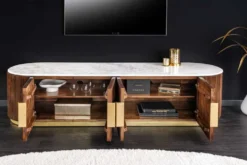 Design TV-Board GATSBY 170cm braun gold Mangoholz weiße Marmorplatte Lowboard