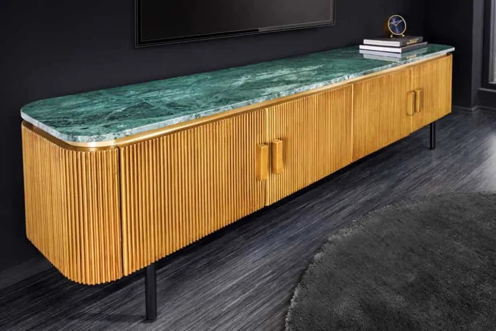 Design TV-Board VENEZIANO 160cm messing grün Marmorplatte Mangoholz Retro