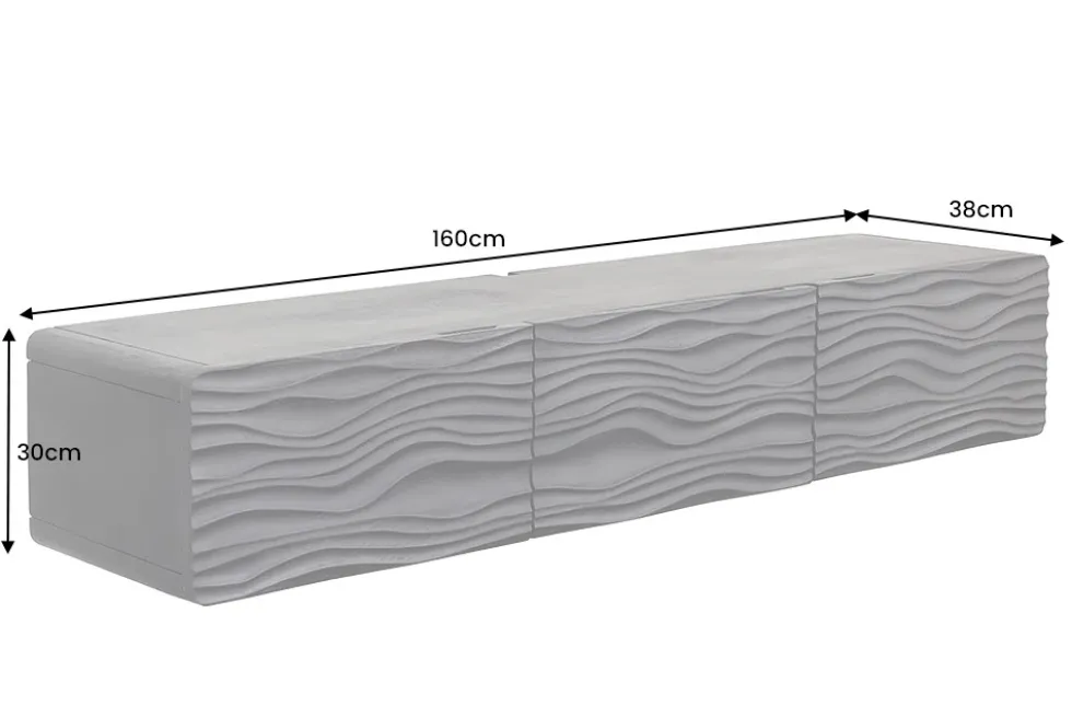 Design TV-Board WAVE 160cm schwarz Mangoholz mit 3D Schnitzereien hängend