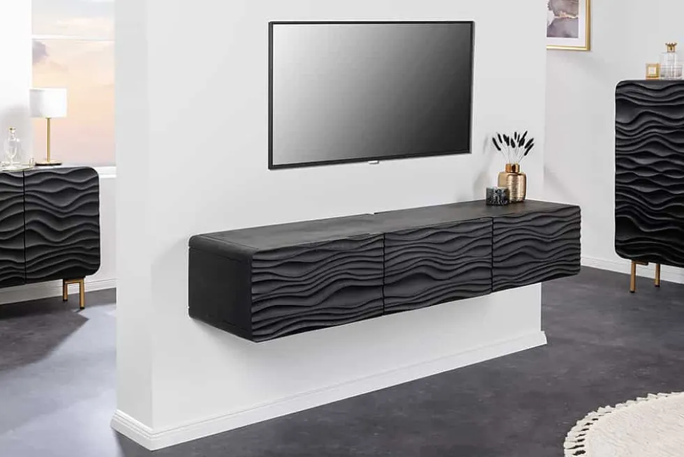 Design TV-Board WAVE 160cm schwarz Mangoholz mit 3D Schnitzereien hängend
