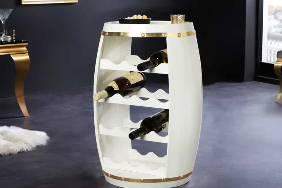 Design Weinfass BODEGA WHITE 65cm weiß gold Pinie Flaschenregal 14 Flaschen