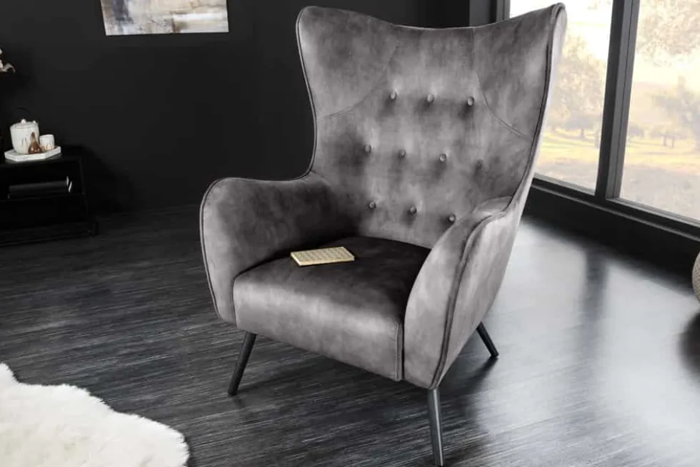 Design XL Sessel AMSTERDAM grau Samt schwarze Metallbeine Retro Stil
