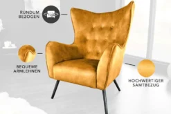 Design XL Sessel AMSTERDAM senfgelb Samt schwarze Metallbeine Retro Stil