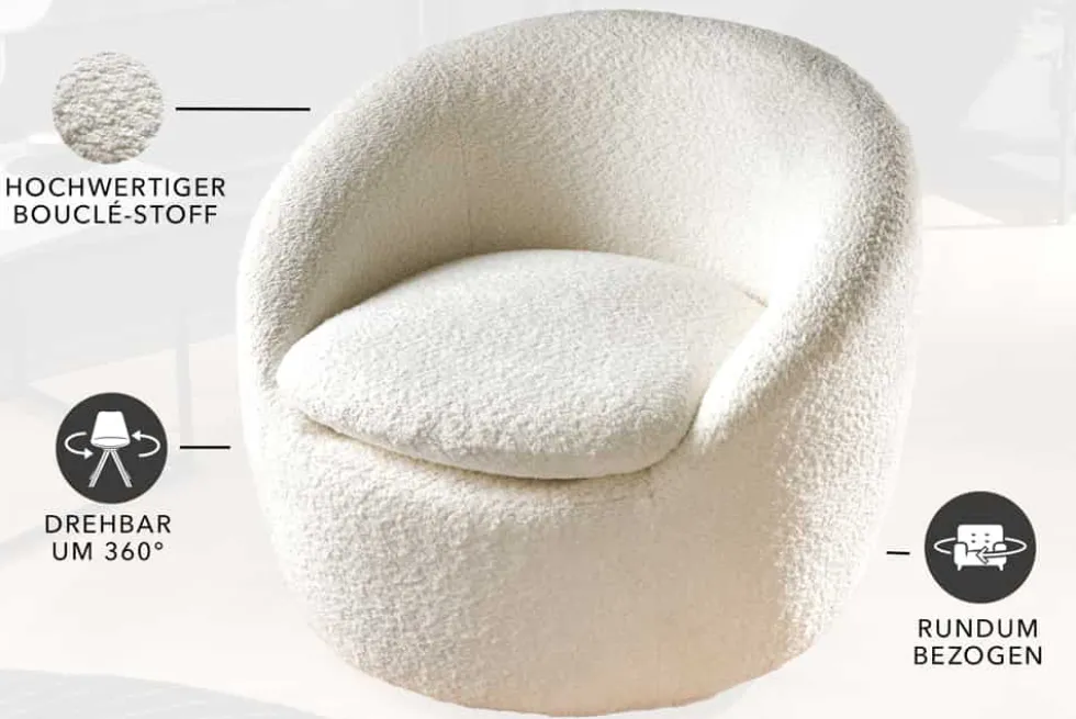 Drehbarer Design Sessel ALPINE beige Bouclé 360° mit Armlehnen