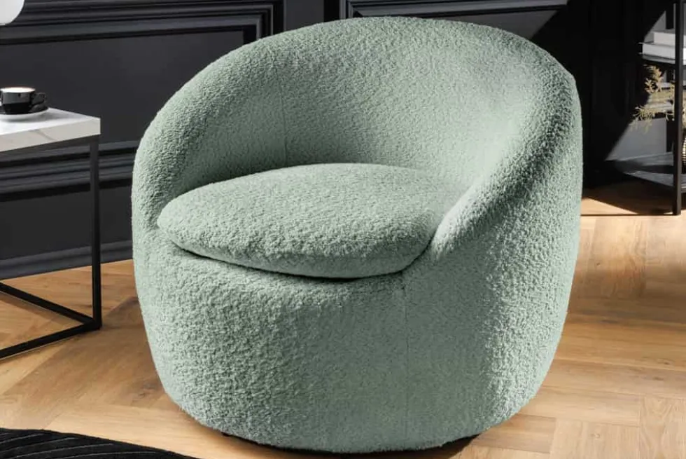Drehbarer Design Sessel ALPINE salbei Bouclé 360° mit Armlehnen