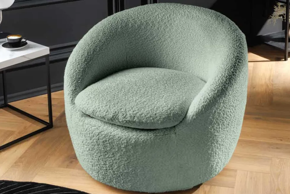 Drehbarer Design Sessel ALPINE salbei Bouclé 360° mit Armlehnen