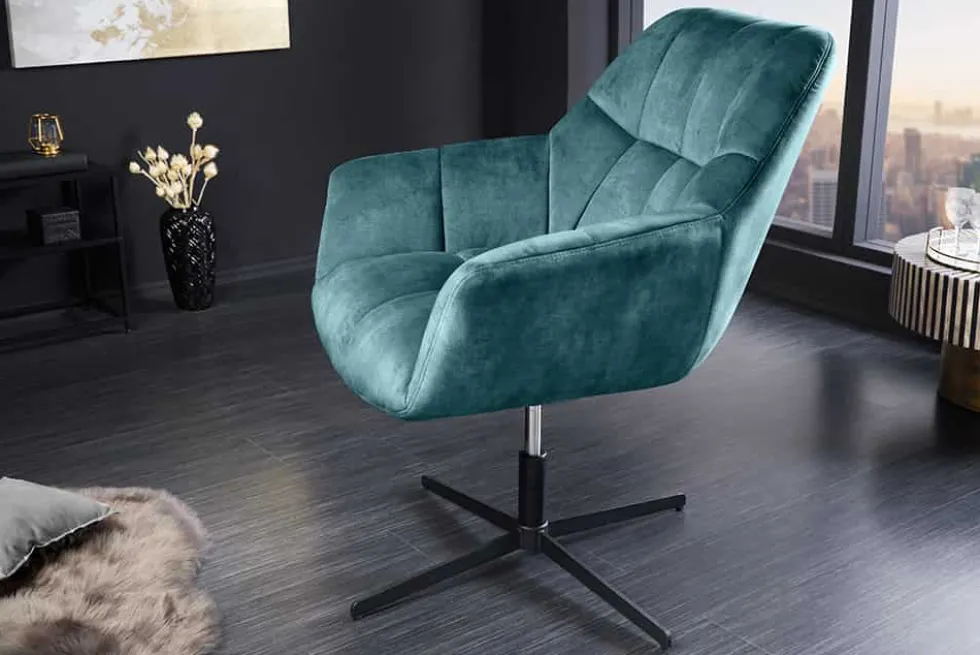 Drehbarer Design Sessel PAPILLON petrol Samt 360° schwarz Metall höhenverstellbar