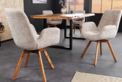 Drehbarer Design Stuhl BALTIC beige Bouclé natur Eiche Massivholz-Beine mit Armlehne