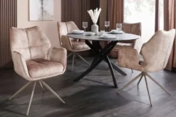Drehbarer Design Stuhl CONCORD champagner greige Samt Taschenfederkern Metallgestell greige