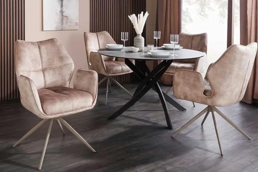 Drehbarer Design Stuhl CONCORD champagner greige Samt Taschenfederkern Metallgestell greige