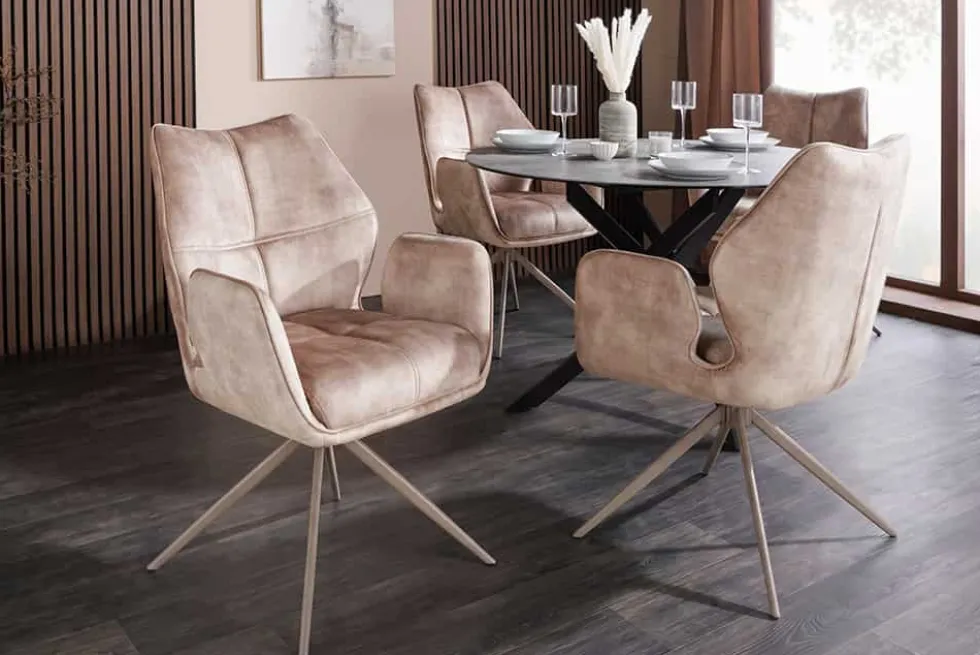 Drehbarer Design Stuhl CONCORD champagner greige Samt Taschenfederkern Metallgestell greige