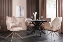 Drehbarer Design Stuhl CONCORD champagner greige Samt Taschenfederkern Metallgestell greige