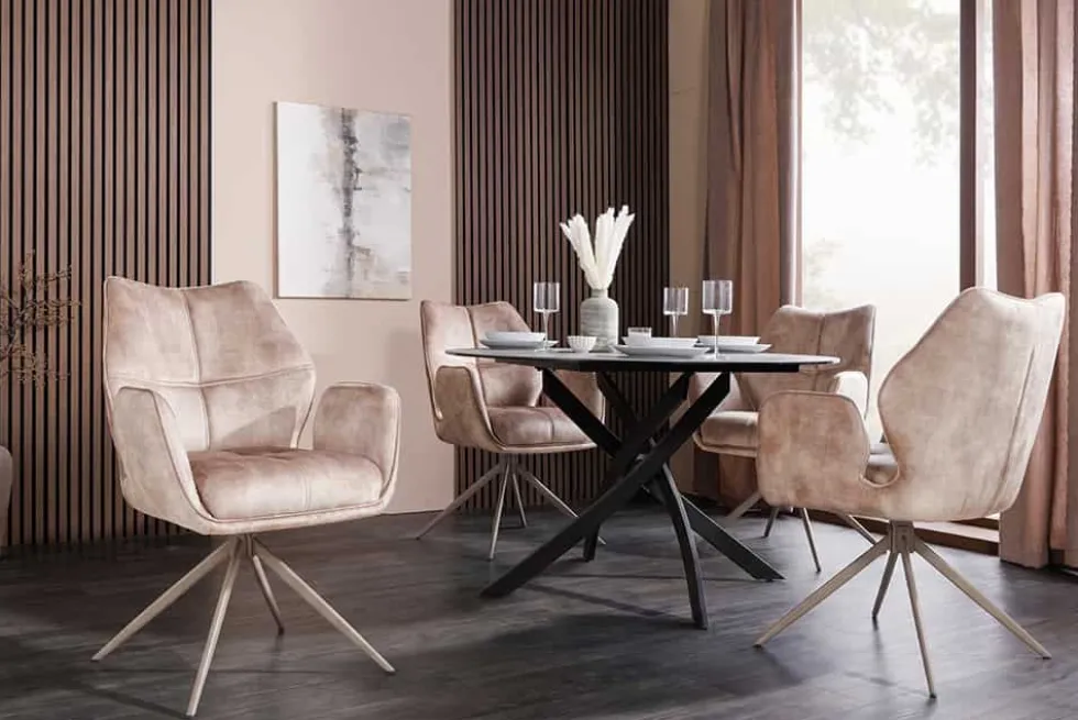 Drehbarer Design Stuhl CONCORD champagner greige Samt Taschenfederkern Metallgestell greige