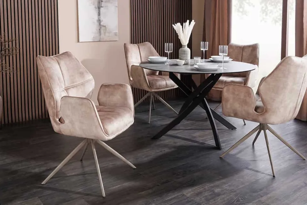 Drehbarer Design Stuhl CONCORD champagner greige Samt Taschenfederkern Metallgestell greige