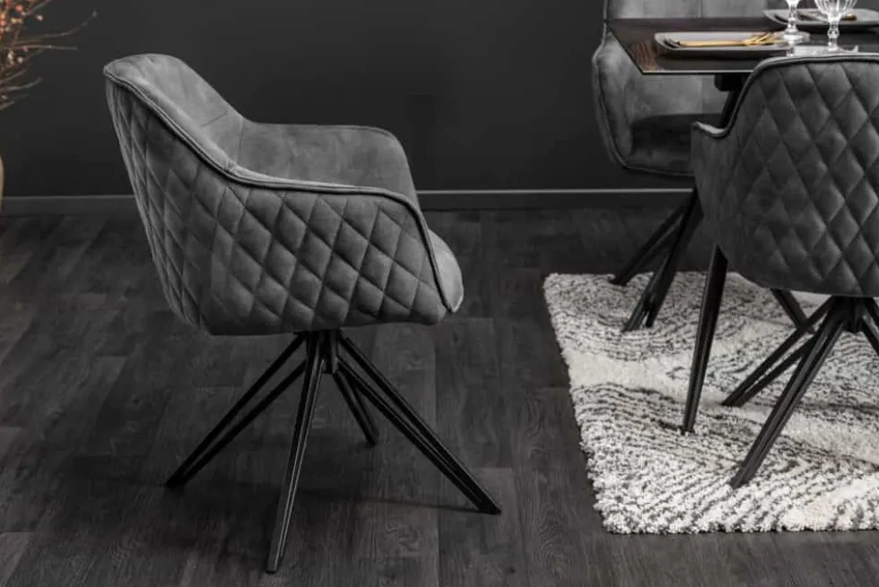 Drehbarer Design Stuhl EUPHORIA dunkelgrau Samt mit Armlehne Metallgestell schwarz
