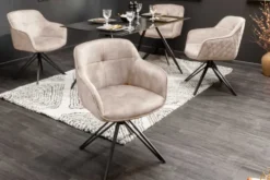 Drehbarer Design Stuhl EUPHORIA champagner greige Samt mit Armlehne Metallgestell schwarz